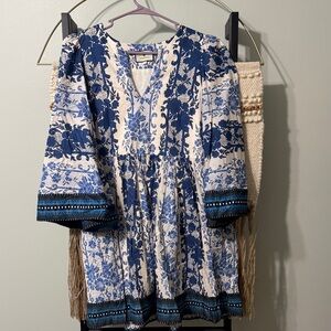 Tuckernuck Blue and White Floral Border-Trim Mini Dress